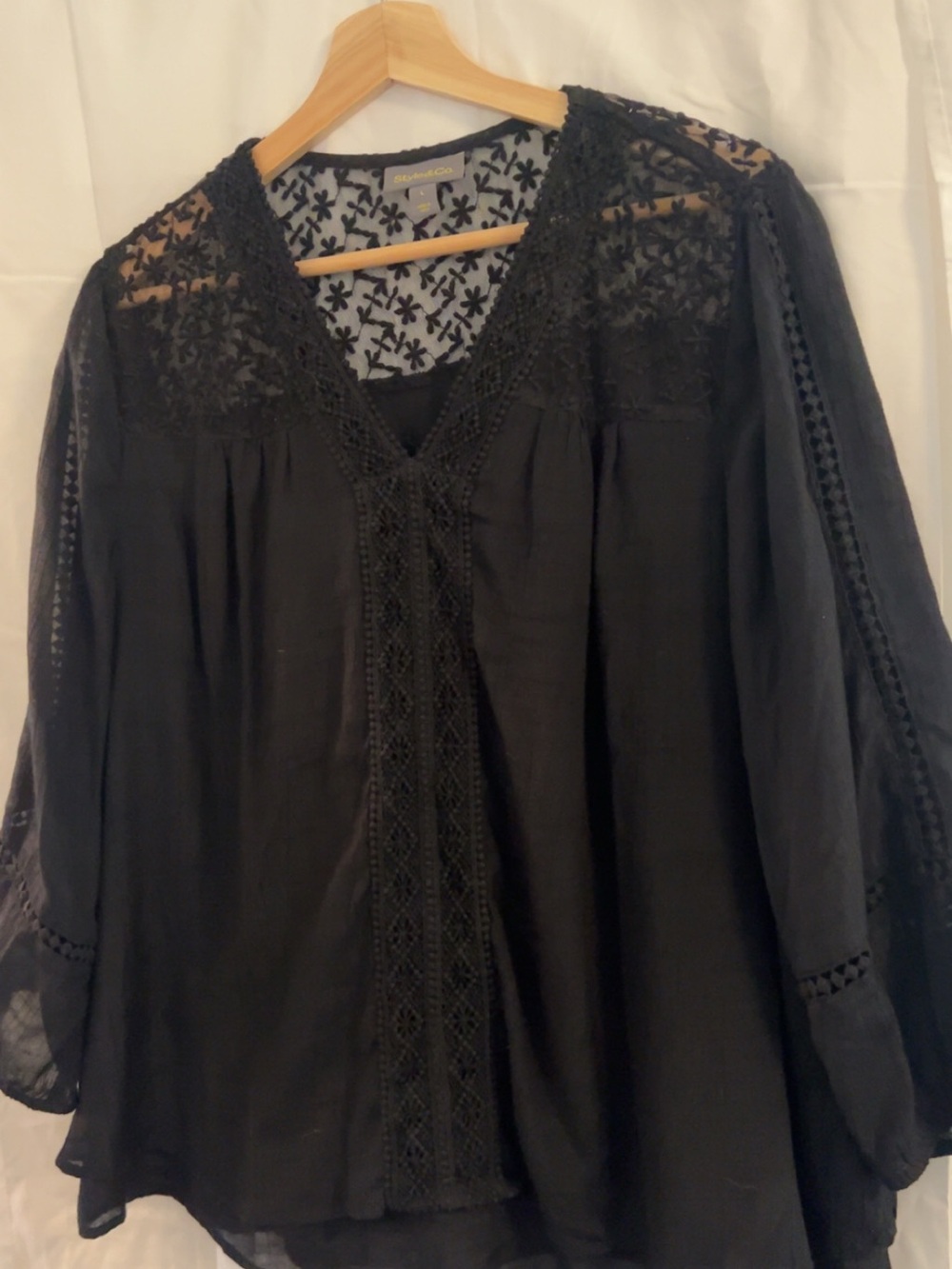 Style & Co. Black Lace-Trim V-Neck Blouse - Picture 2 of 4